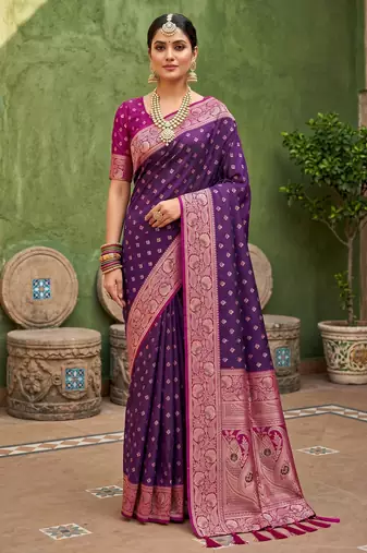 Wine soft banarasi silk blend saree with zari weaving meenakari design