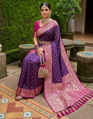 Wine soft banarasi silk blend saree with zari weaving meenakari design 3