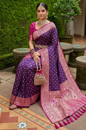 Wine soft banarasi silk blend saree with zari weaving meenakari design