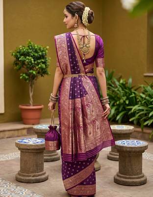 Wine soft banarasi silk blend saree with zari weaving meenakari design 4