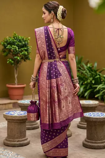 Wine soft banarasi silk blend saree with zari weaving meenakari design