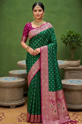 Sea green soft banarasi silk blend saree with zari weaving meenakari design