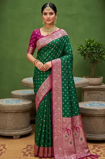 Sea green soft banarasi silk blend saree with zari weaving meenakari design