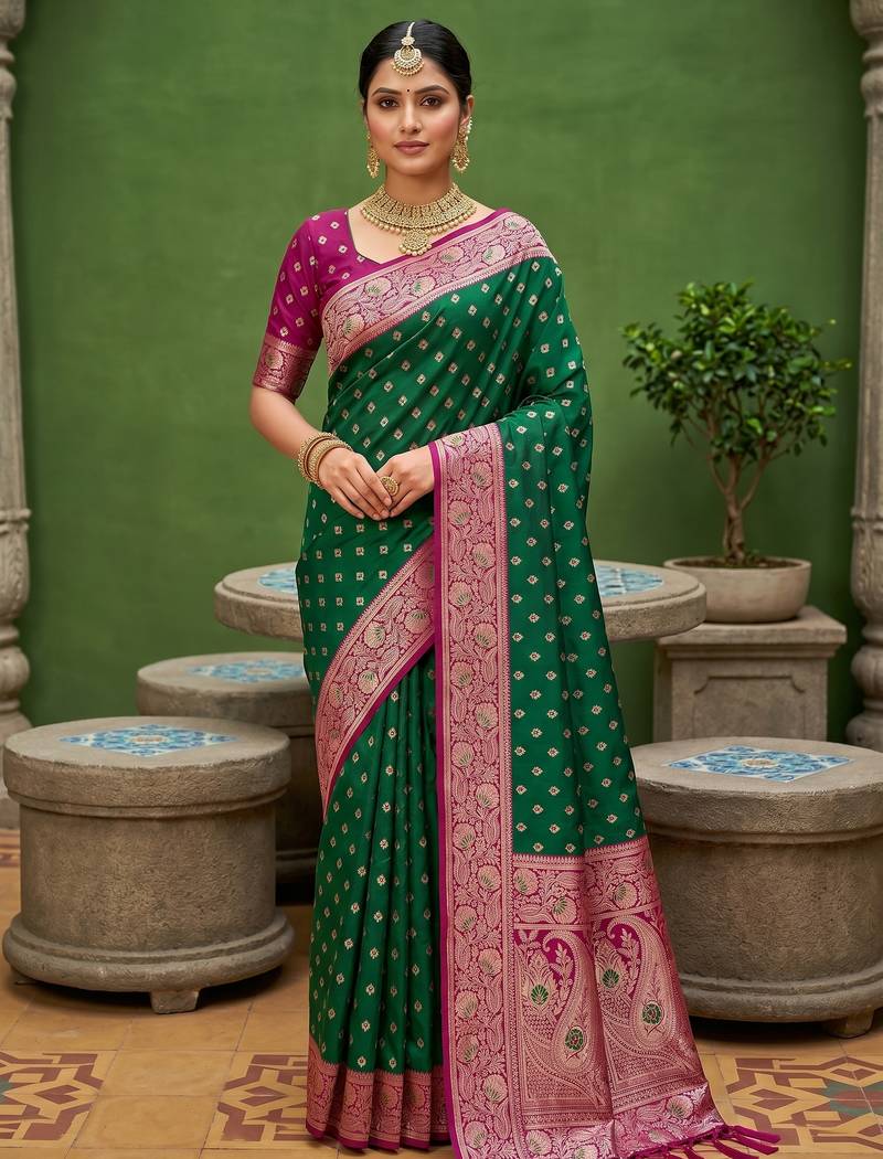 Sea green soft banarasi silk blend saree with zari weaving meenakari design