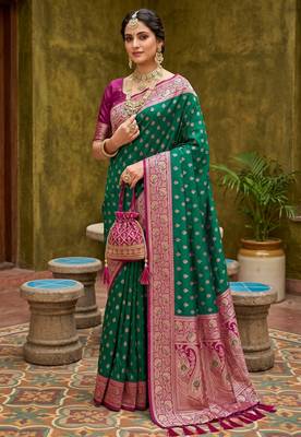 Sea green soft banarasi silk blend saree with zari weaving meenakari design 2
