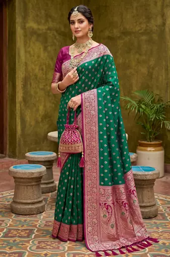 Sea green soft banarasi silk blend saree with zari weaving meenakari design
