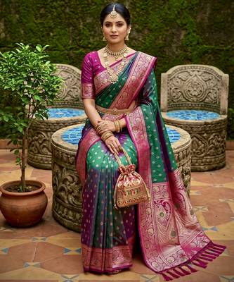 Sea green soft banarasi silk blend saree with zari weaving meenakari design 3