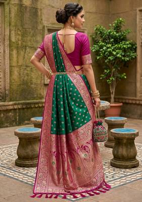 Sea green soft banarasi silk blend saree with zari weaving meenakari design 4