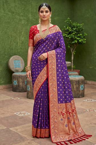 Violet soft banarasi silk blend saree with zari weaving meenakari design