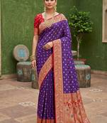 Violet soft banarasi silk blend saree with zari weaving meenakari design