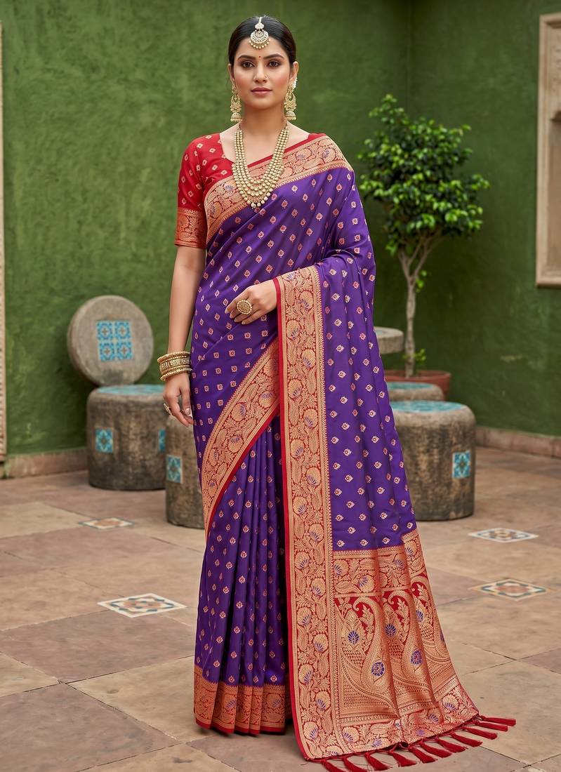 Violet soft banarasi silk blend saree with zari weaving meenakari design