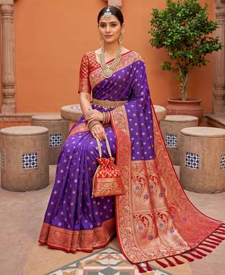 Violet soft banarasi silk blend saree with zari weaving meenakari design 2