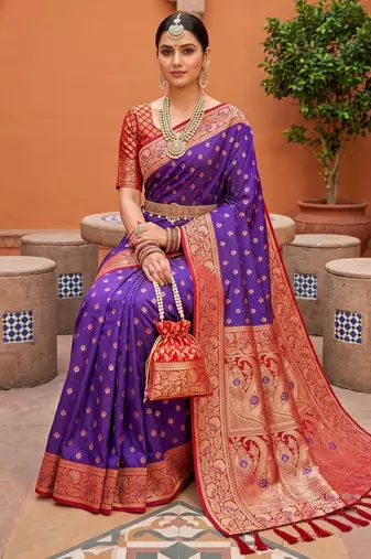 Violet soft banarasi silk blend saree with zari weaving meenakari design