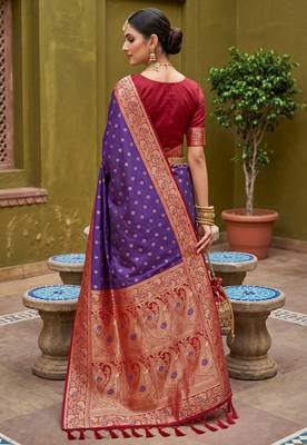 Violet soft banarasi silk blend saree with zari weaving meenakari design 3