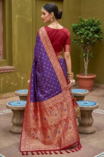 Violet soft banarasi silk blend saree with zari weaving meenakari design