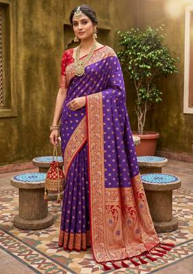 Violet soft banarasi silk blend saree with zari weaving meenakari design 4