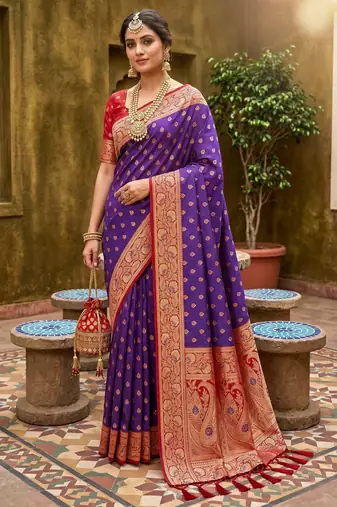 Violet soft banarasi silk blend saree with zari weaving meenakari design