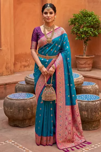 Teal blue soft banarasi silk blend saree with zari weaving meenakari design