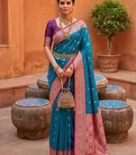 Teal blue soft banarasi silk blend saree with zari weaving meenakari design
