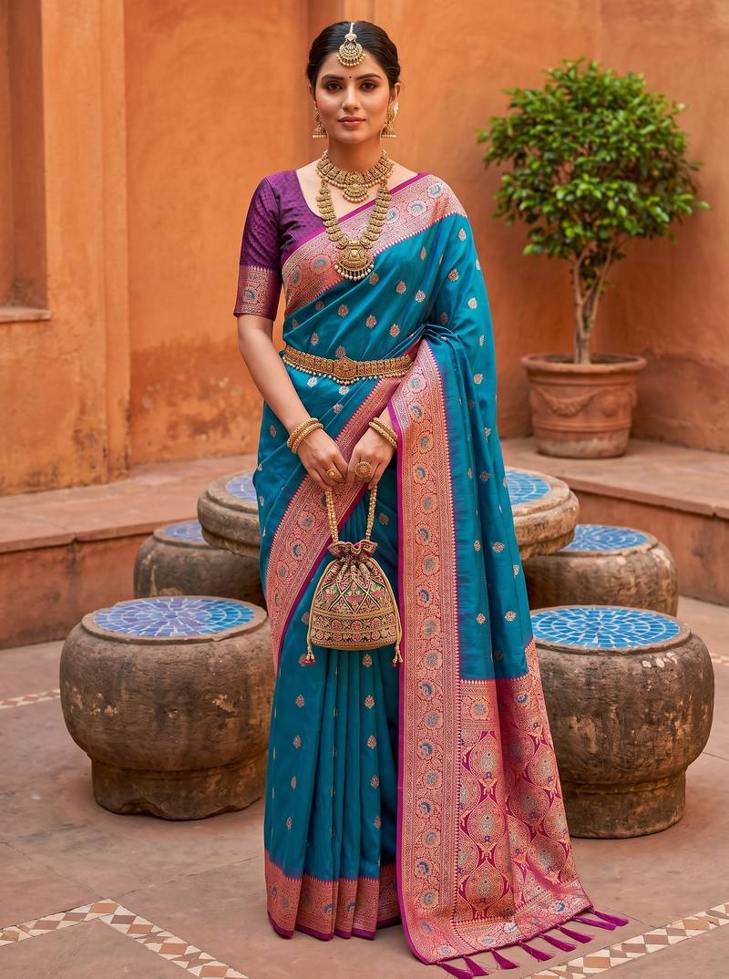 Teal blue soft banarasi silk blend saree with zari weaving meenakari design