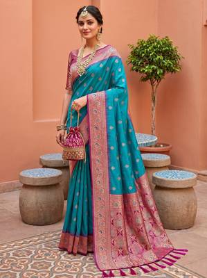 Teal blue soft banarasi silk blend saree with zari weaving meenakari design 2