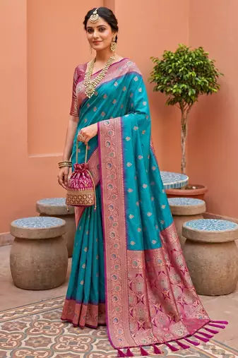Teal blue soft banarasi silk blend saree with zari weaving meenakari design