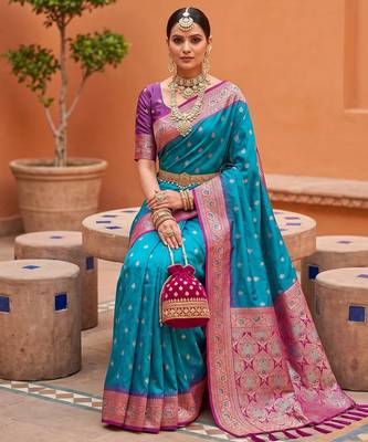 Teal blue soft banarasi silk blend saree with zari weaving meenakari design 3