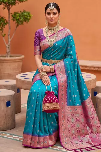 Teal blue soft banarasi silk blend saree with zari weaving meenakari design