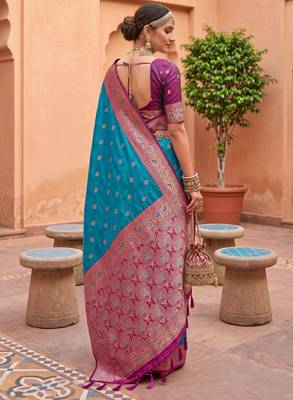 Teal blue soft banarasi silk blend saree with zari weaving meenakari design 4