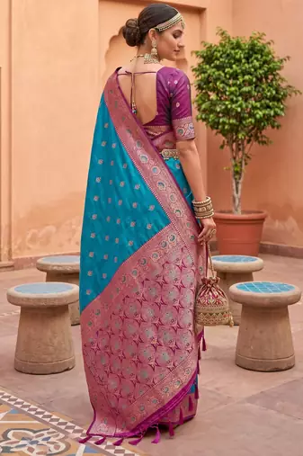 Teal blue soft banarasi silk blend saree with zari weaving meenakari design