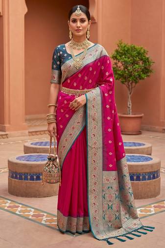 Pink soft banarasi silk blend saree with zari weaving meenakari design
