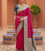 Pink soft banarasi silk blend saree with zari weaving meenakari design