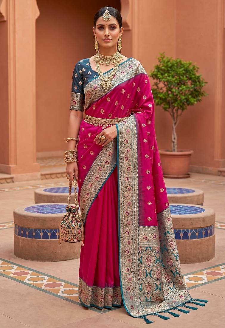 Pink soft banarasi silk blend saree with zari weaving meenakari design