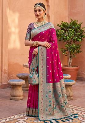 Pink soft banarasi silk blend saree with zari weaving meenakari design 2