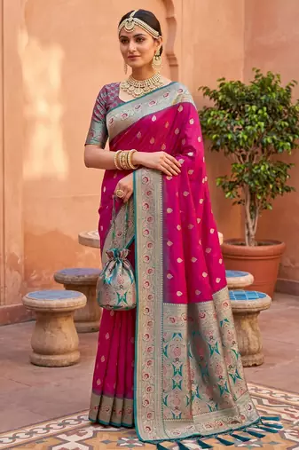 Pink soft banarasi silk blend saree with zari weaving meenakari design