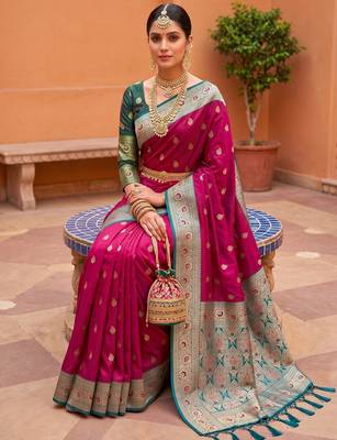 Pink soft banarasi silk blend saree with zari weaving meenakari design 3