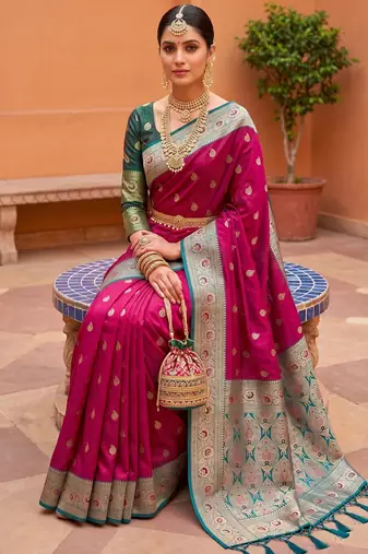 Pink soft banarasi silk blend saree with zari weaving meenakari design