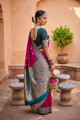 Pink soft banarasi silk blend saree with zari weaving meenakari design 4