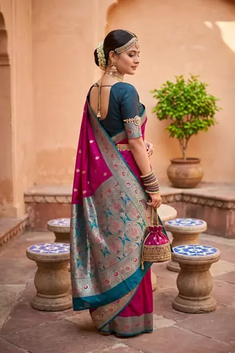 Pink soft banarasi silk blend saree with zari weaving meenakari design