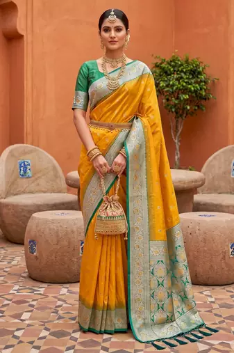 Yellow soft banarasi silk blend saree with zari weaving meenakari design