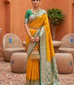 Yellow soft banarasi silk blend saree with zari weaving meenakari design