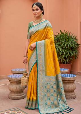 Yellow soft banarasi silk blend saree with zari weaving meenakari design 2