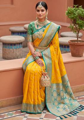 Yellow soft banarasi silk blend saree with zari weaving meenakari design 3