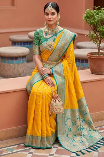 Yellow soft banarasi silk blend saree with zari weaving meenakari design