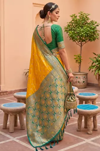 Yellow soft banarasi silk blend saree with zari weaving meenakari design