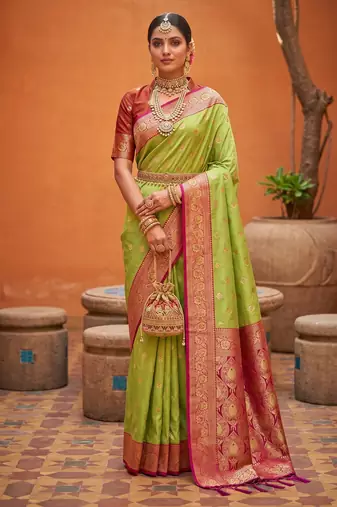 Parrot green soft banarasi silk blend saree with zari weaving meenakari design