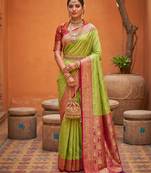 Parrot green soft banarasi silk blend saree with zari weaving meenakari design