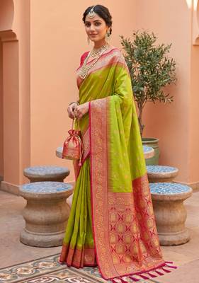 Parrot green soft banarasi silk blend saree with zari weaving meenakari design 2