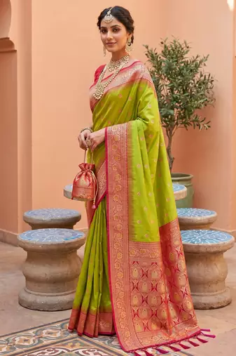 Parrot green soft banarasi silk blend saree with zari weaving meenakari design