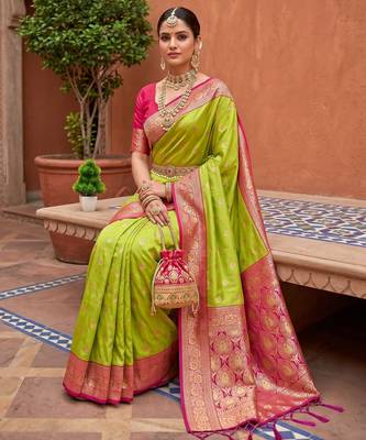 Parrot green soft banarasi silk blend saree with zari weaving meenakari design 3